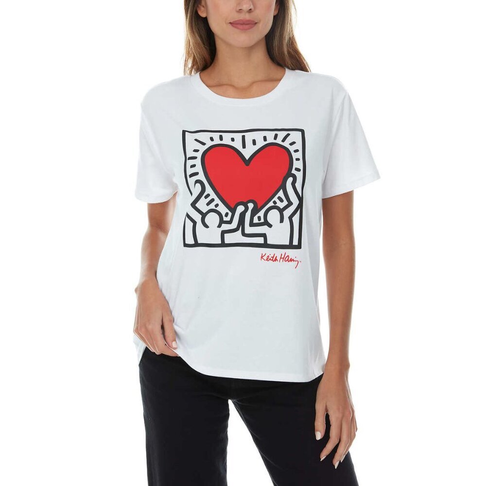 White Graphic T-Shirt with Red Heart Design
